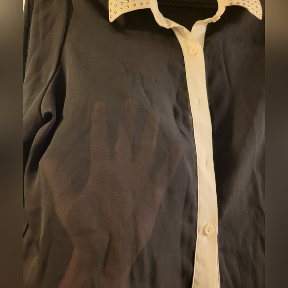 Metaphor black sheer button up w/ white details Gold embroidered collar size XL - Picture 7 of 10